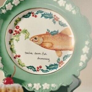 Anthropologie Lou Rota 12 Days of Christmas Dessert Plate Twelve  Drum Fish